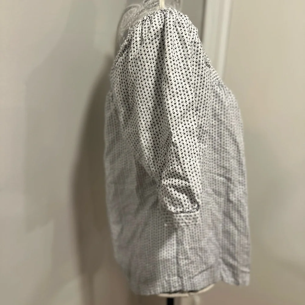 LOFT Sz: L Jacquard Puff Sleeve Square Neck Top Linen Blend Cross Repeat Pattern